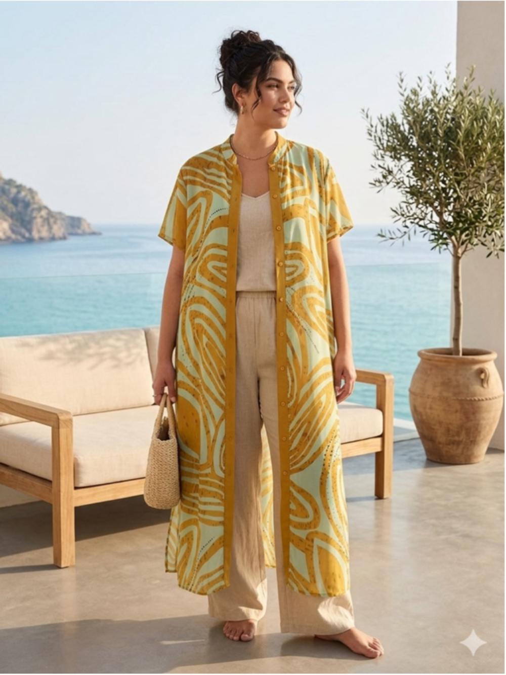 Mlle Gabrielle Maxi Dress Womens 20 Plus Abstract Mustard Green Duster Layered